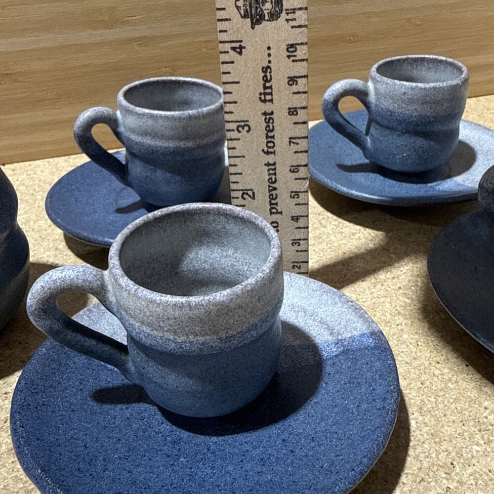 VTG Studio Pottery Blue Gray Espresso Cups & Saucers Sugar Bowl Set - Picture 9 of 16